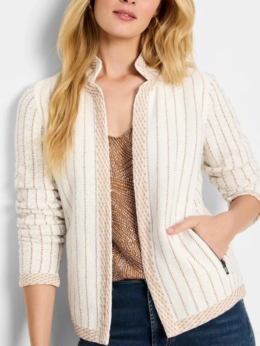 NIC+ZOE Cream Pinstripe Knit Zip Jacket